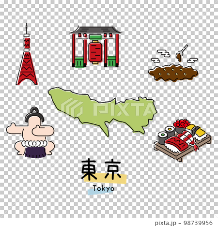 Gourmet sightseeing icon set of Tokyo, Japan (line drawing) 98739956