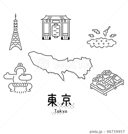 日本の東京都のグルメ観光アイコンセット（線画白黒） 98739957