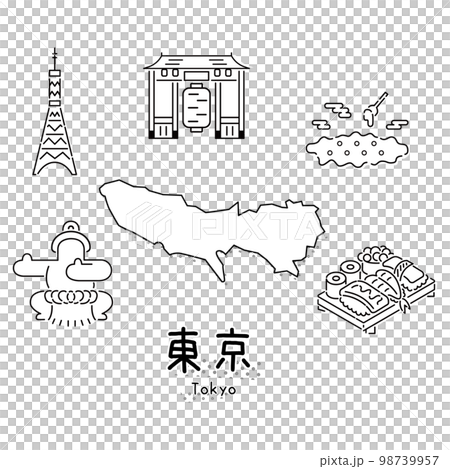 日本の東京都のグルメ観光アイコンセット（線画白黒） 98739957