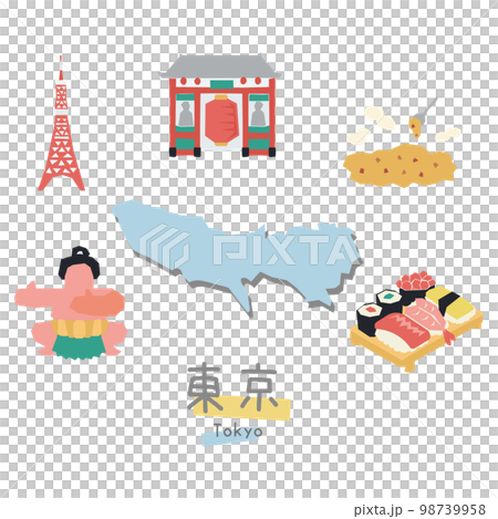 Gourmet sightseeing icon set of Tokyo, Japan (flat) 98739958