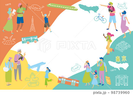 日本の東京都のグルメ観光を楽しむ人物とアイコンセット 98739960