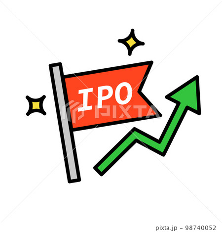 IPOの旗アイコン。キラキラマークと上昇する矢印。ベクター。 IPOの旗アイコン。キラキラマークと上昇する矢印。ベクター。 98740052