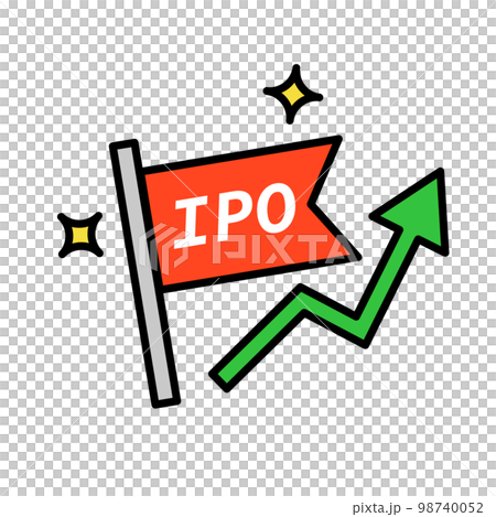 IPOの旗アイコン。キラキラマークと上昇する矢印。ベクター。 IPOの旗アイコン。キラキラマークと上昇する矢印。ベクター。 98740052