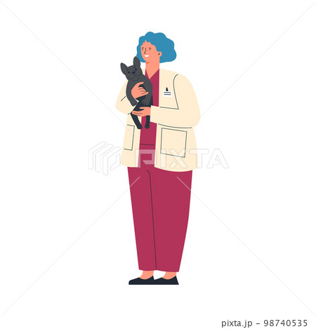 Woman veterinarian doctor holding cute dog, flat vector illustration isolated. Woman veterinarian doctor holding cute dog, flat vector illustration isolated. 98740535