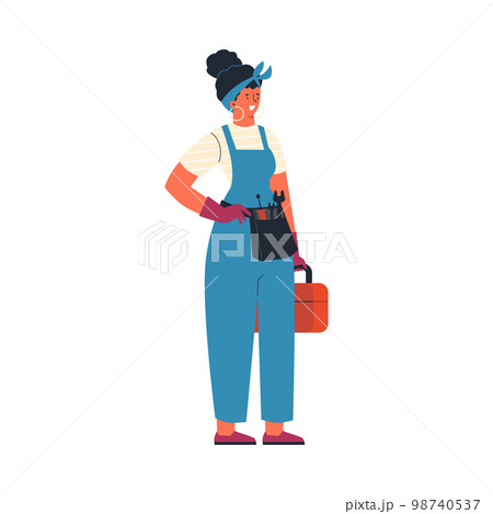 Female carpenter or construction worker, flat vector illustration isolated on white background. Female carpenter or construction worker, flat vector illustration isolated on white background. 98740537