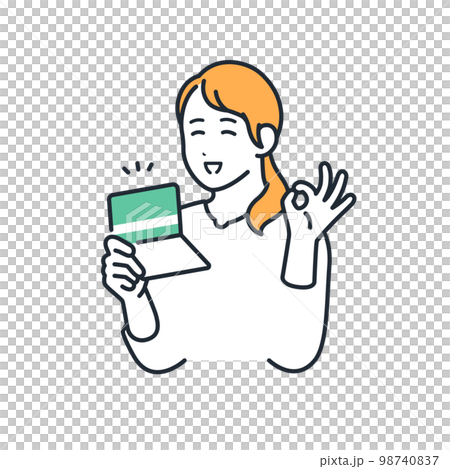 一個年輕女子拿著存摺並給出 OK 手勢的簡單矢量插圖素材 一個年輕女子拿著存摺並給出 OK 手勢的簡單矢量插圖素材 98740837