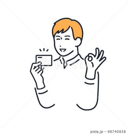 カード持ってOKサインをする若い男性のシンプルなベクターイラスト素材 98740838