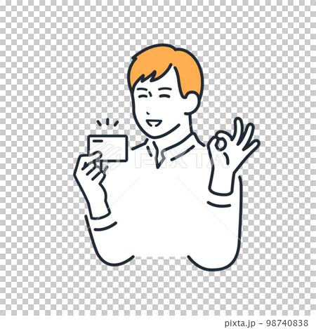 カード持ってOKサインをする若い男性のシンプルなベクターイラスト素材 98740838