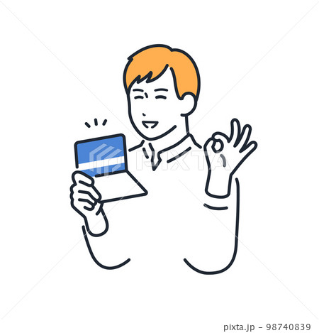 通帳を持ってOKサインをする若い男性のシンプルなベクターイラスト素材 98740839