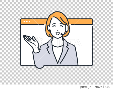 オンラインで接客をするスーツの若い女性のシンプルなベクターイラスト素材 98741870