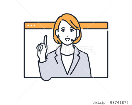 オンラインで説明をする若いビジネスウーマンのシンプルなベクターイラスト素材 98741872