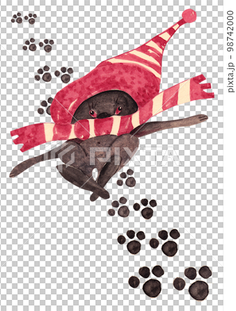 A black rabbit in a striped hat and scarf is tired and lies surrounded by his footprints. Sketchy cartoon. Isolated character watercolor illustration for your design 98742000