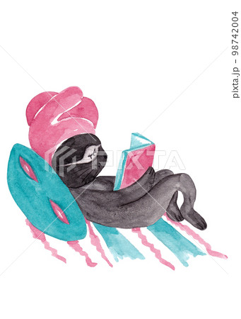 The hero of the cartoon - a black hare is resting after a shower on his bed with a book in his paws. Isolated character watercolor illustration for your design. Perfect for advent calendar 98742004