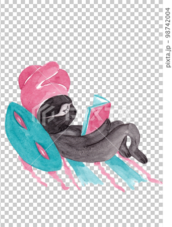 The hero of the cartoon - a black hare is resting after a shower on his bed with a book in his paws. Isolated character watercolor illustration for your design. Perfect for advent calendar 98742004