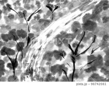 木々と川モノクロ背景（墨の手描きイラスト） 98742081