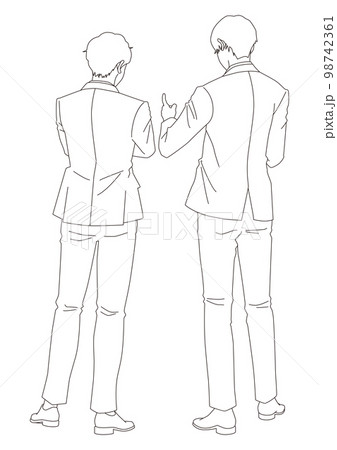 打ち合わせをするサラリーマン後ろ姿　線画 98742361