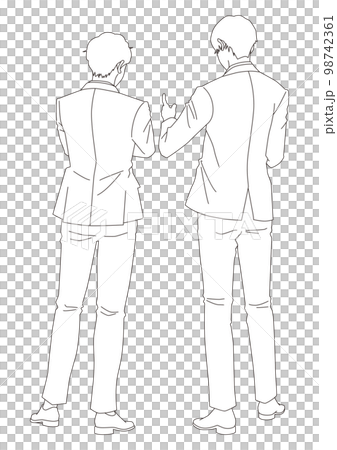 打ち合わせをするサラリーマン後ろ姿　線画 98742361