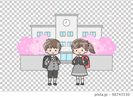 Entrance ceremony A new first-year boy and girl standing in front of the school gate 98743530