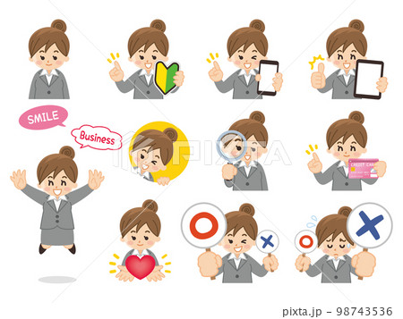 ビジネスウーマンバリエーション　初心者マーク　スマートフォン　タブレット　虫眼鏡　クレジットカード 98743536