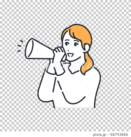 メガホンを持って応援する若い女性のシンプルなベクターイラスト素材 98743668