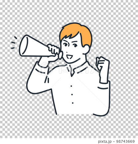 メガホンを持って応援する若い男性のシンプルなベクターイラスト素材 98743669