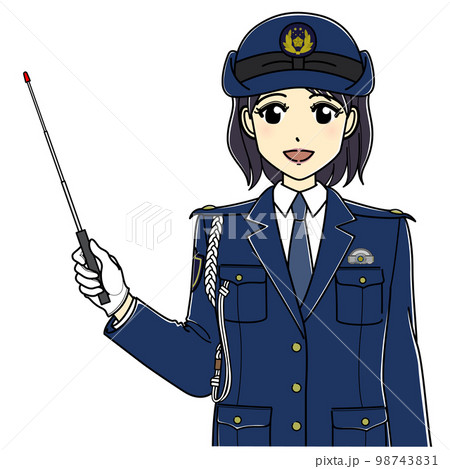 指示棒を持つ女性警察官（上半身・笑顔） 98743831