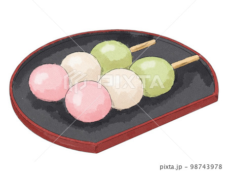 半月お盆にのせた三色だんごのイラスト（水彩風）のイラスト素材