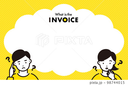 困る・悩むフリーランスの男女の人物イラストとシンプルなコピースペースのあるインボイス制度の吹き出し 98744015
