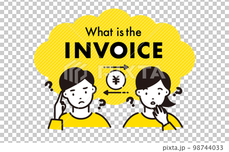 おしゃれでシンプルなインボイス制度の適格請求書と困る・悩むフリーランスの男女の人物イラストの吹き出し 98744033