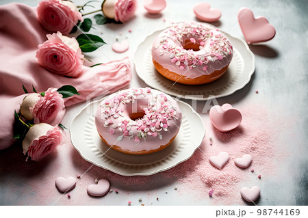 Donuts with pink frosting and rose petals for Valentine's Day, Mothers Day or Birthday. Generative AI illustration 98744169