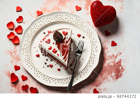 Piece of cake for St. Valentines Day, Mothers Day or Birthday, decorated with roses. Valentine's Day with love. Generative AI illustration Piece of cake for St. Valentines Day, Mothers Day or Birthday, decorated with roses. Valentine's Day with love. Generative AI illustration 98744172