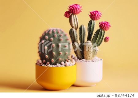 Surreal prickly cacti on pastel gradient background. Floral creative concept. Generative AI illustration 98744174