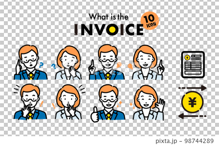 リアクションをするフリーランスの男女の人物イラストとお金や適格請求書のインボイス制度のアイコンセット 98744289