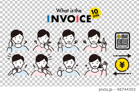 リアクションをするフリーランスの男女の人物イラストとお金や適格請求書のインボイス制度のアイコンセット 98744303
