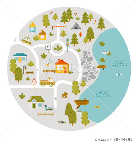 Cute town map for kids room. Landscape with lot details. Vector illustration 98744395