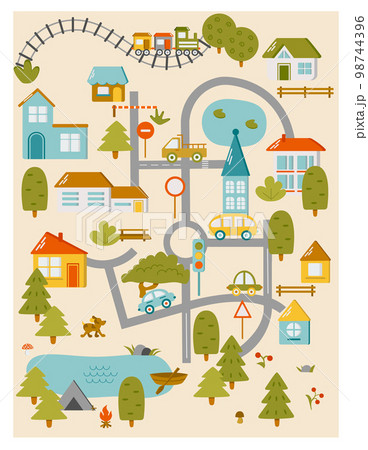 Cute town map for kids room. Landscape with lot details. Vector illustration 98744396