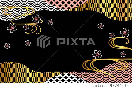黒背景に桃色・白・金色の和柄のフレームと流線と桜のアレンジ 98744432