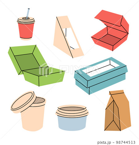 Takeaway cardboard boxes set. Empty cardboard boxes for takeaway food. Paper and plastic delivery containers. Vector illustration. Take away packages Takeaway cardboard boxes set. Empty cardboard boxes for takeaway food. Paper and plastic delivery containers. Vector illustration. Take away packages 98744513