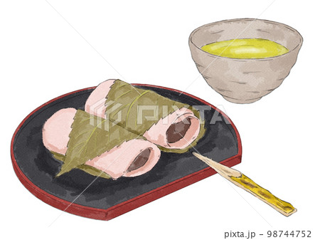 お茶と半月お盆にのった長命寺桜餅のイラスト（水彩風） 98744752