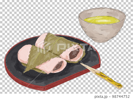 お茶と半月お盆にのった長命寺桜餅のイラスト（水彩風） 98744752