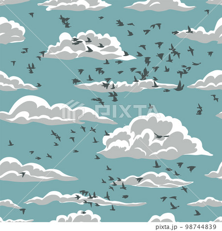 Seamless pattern with clouds and birds. Vintage hand drawn illustration with starlings in the sky. Vector illustration 98744839