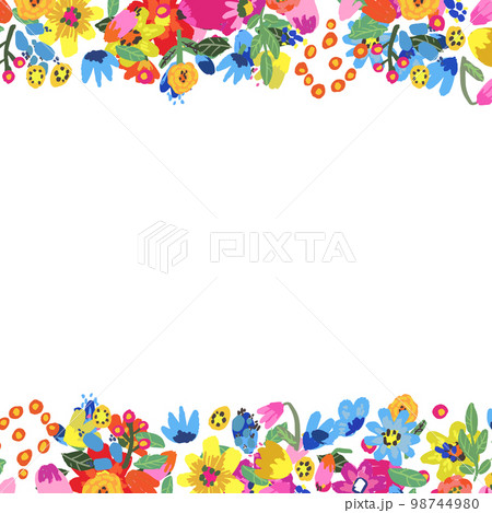 Bright summer flowers arrange in border on white background. 98744980