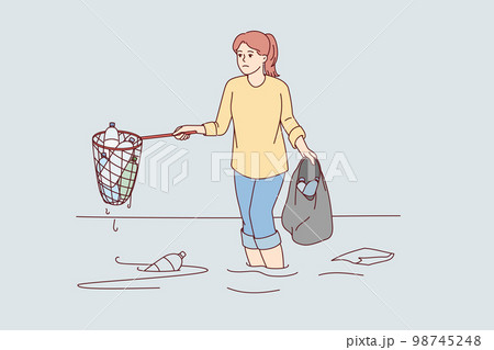 Sad woman cleans ocean of plastic garbage by pulling out bottles using scoop-net. Vector image 98745248