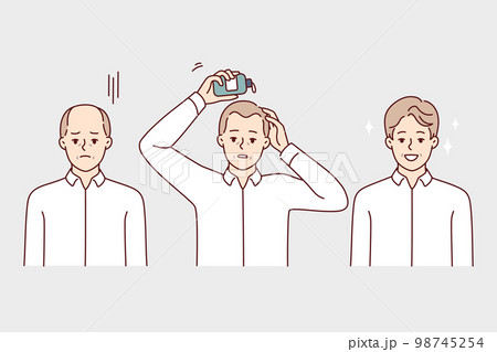 Man using hair growth gel rejoices after seeing good result of cosmetic product. Vector image Man using hair growth gel rejoices after seeing good result of cosmetic product. Vector image 98745254