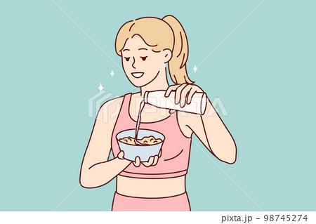 Woman preparing healthy breakfast adding milk to plate after morning fitness or sports. Vector image 98745274