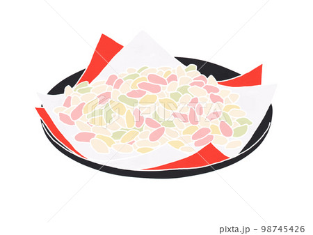 黒い皿と紙にのせた関東ひなあられのイラスト（版画風） 98745426