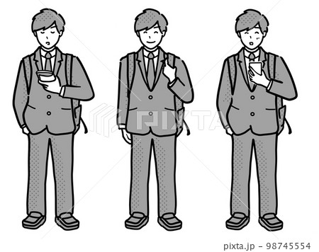 リュックで通学するブレザーの制服を着た男子高生の全身イラストセット グレー 98745554