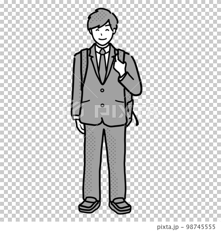 Full-body illustration of a high school boy in a blazer uniform who goes to school with a rucksack Gray Full-body illustration of a high school boy in a blazer uniform who goes to school with a rucksack Gray 98745555