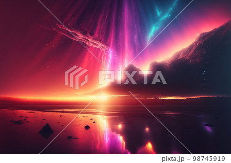 Gradient reflection god rays magic sunset in wonderland landscape neon luminescence drops background. 98745919