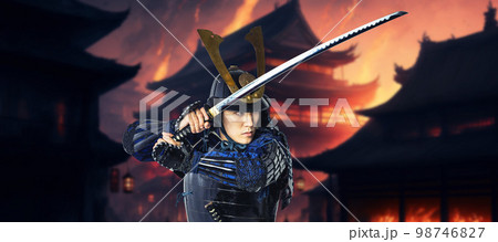 炎上する城で戦うサムライ　戦国時代　時代劇 98746827